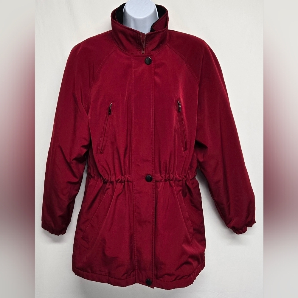 Liz Claiborne S Winter Coat Faux Layered Vest Fleece Drawstring Red Wine